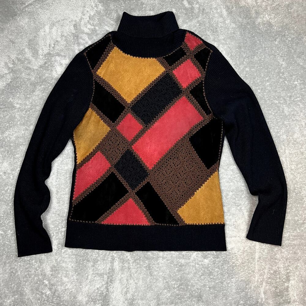 Vintage Colette Mordo Sweater Womens M Suede Patchwork Wool Retro Handmade